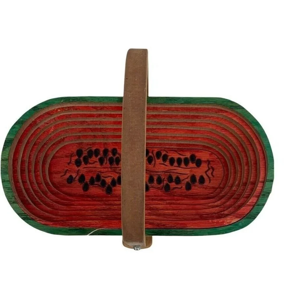Pop Up Watermelon Basket w/ Handle Collapsible Wooden Handmade Summer Signed GPA